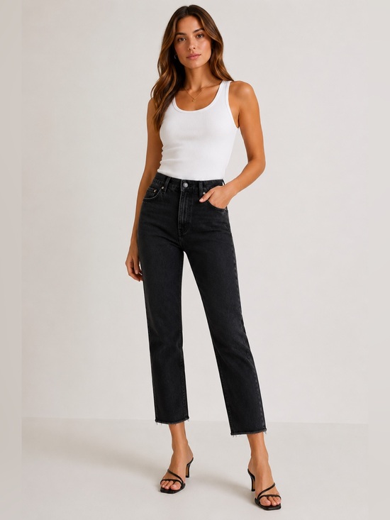 Agolde Denim - AGOLDE Riley Black High Rise Straight Crop Distressed Button Fly Jeans Size 24
